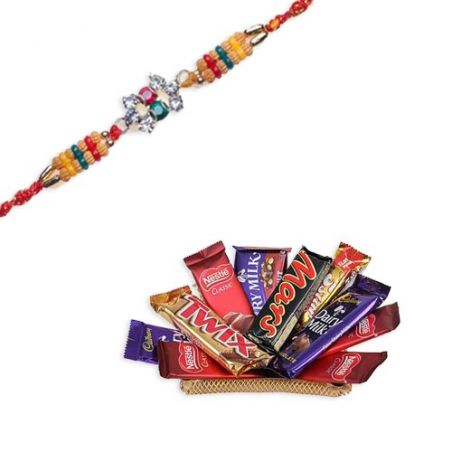 Pearls, Diamond Beads Rakhi  With Tray With Chocolates