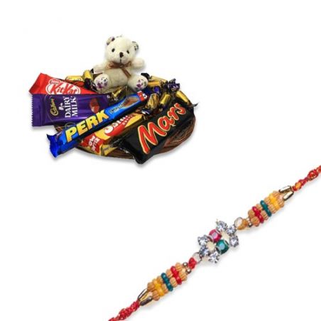 Pearls, Diamond Beads Rakhi  With Sweet Teddy N Chocolates