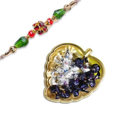 Crystal Beads With American Diamond Rakhi  With Golden Heart Tray