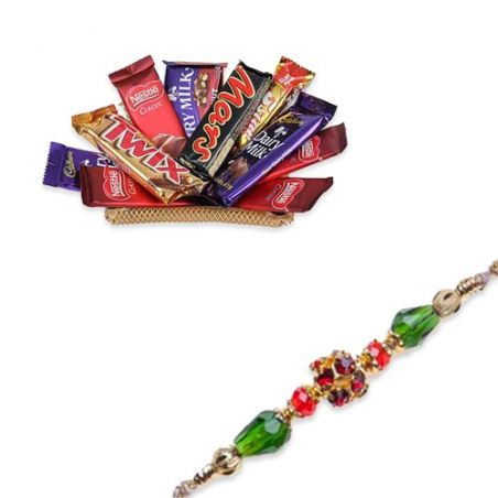 Crystal Beads With American Diamond Rakhi  With Tray With Chocolates