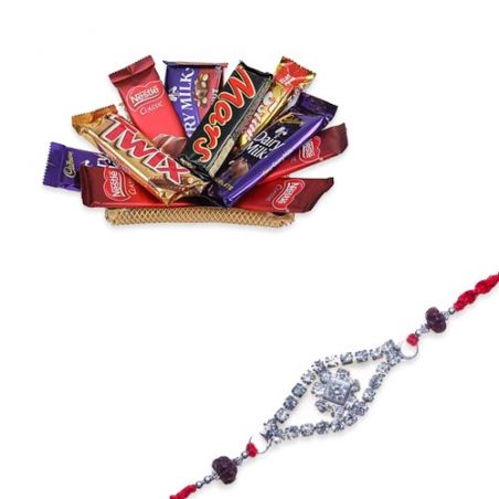 American Diamond With Rudraksh Beads Rakhi  With Tray With Chocolates
