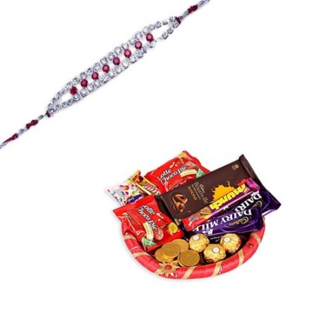 American Diamond Hoop Multi Colour Rakhi  With Happy Food Hamper