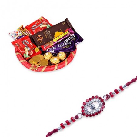 American Diamond With Red Beads Diamond Rakhi  With Happy Food Hamper