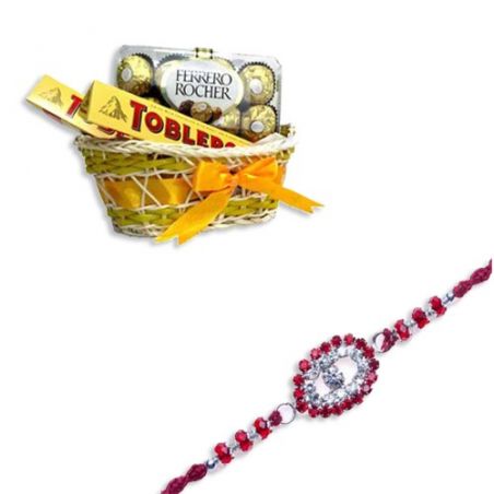 American Diamond With Red Beads Diamond Rakhi  With Candy Basket