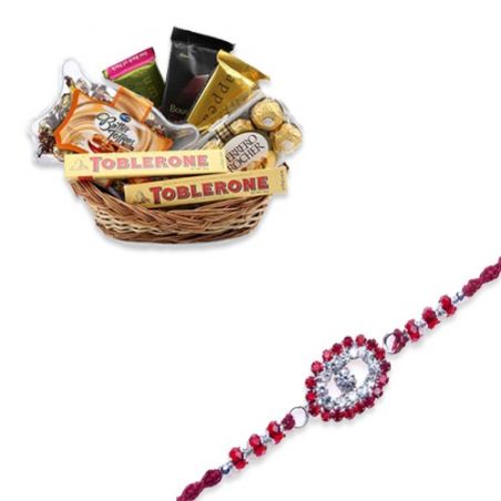 American Diamond With Red Beads Diamond Rakhi  With Thank You Gift Basket
