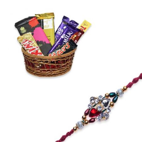 Multicolour Beads, American Diamond Rakhi  With Happy Food Hamper
