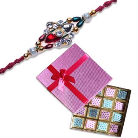 Multicolour Beads, American Diamond Rakhi  With Surprise Chocolate Pack 16 Pcs