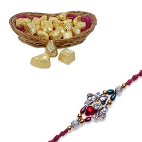 Multicolour Beads, American Diamond Rakhi  With Delectable Chocolates Hamper