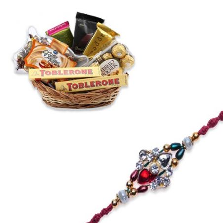 Multicolour Beads, American Diamond Rakhi  With Thank You Gift Basket
