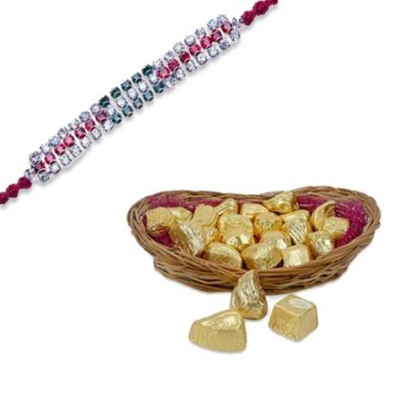 Three American Diamond Hoop Thread Rakhi  With Delectable Chocolates Hamper