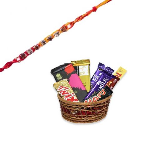 Red Beads, Thread Diamond Rakhi  With Homeliness Gift basket