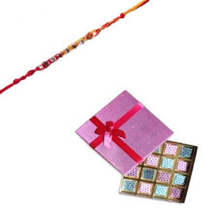 Red Beads, Thread Diamond Rakhi  With Surprise Chocolate Pack 16 Pcs