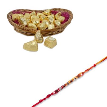 Red Beads, Thread Diamond Rakhi  With Delectable Chocolates Hamper