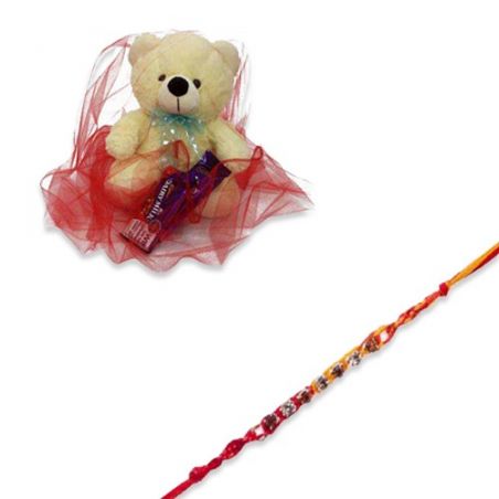 Red Beads, Thread Diamond Rakhi  With Lovable Teddy With Chocolate