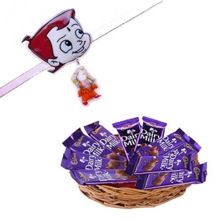 Chhota Bheem Keychain Ring Kids Rakhi With Dairy Milk Basket Hamper