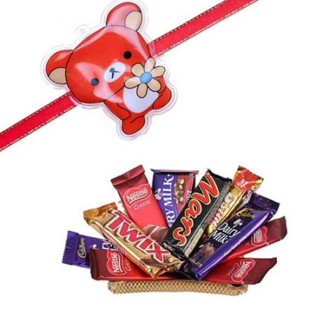 Red Teddy Kids Rakhi With Tray Chocolates