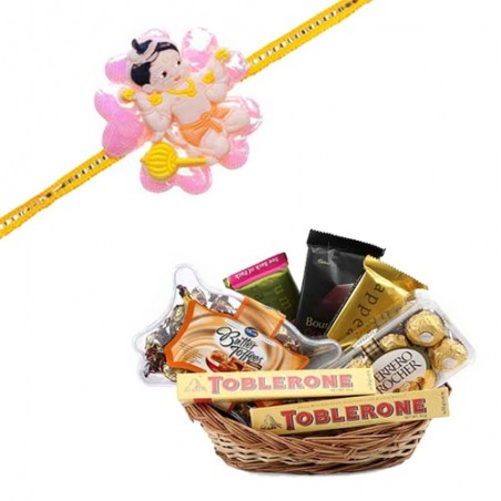 Bal Hanuman Pink Flower Kids Rakhi With Gift Basket