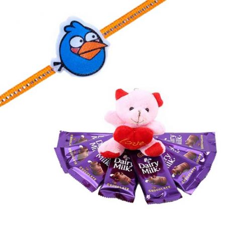 Blue Angry Bird Kids Rakhi With Dairy Milk Chocolate Teddy