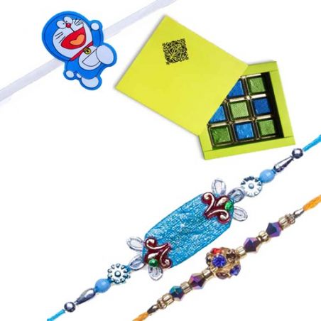 Set Of 3 Rakhi With Classic Chocolate Pack 9 Pcs