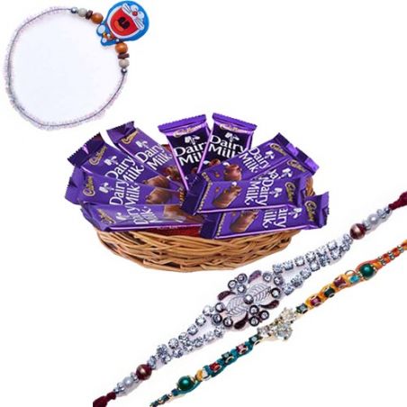 Set Of 3 Rakhi With Dairy Milk Basket Hamper