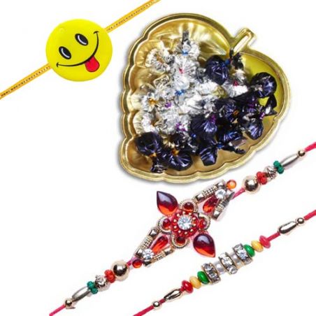 Set Of 3 Rakhi With Golden Heart Tray