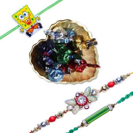 Set Of 3 Rakhi With Golden Leaf Tray