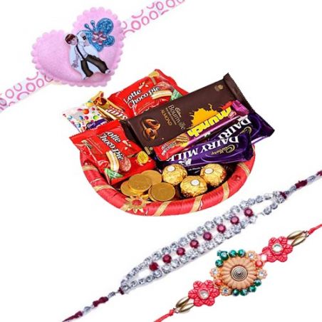 Set Of 3 Rakhi With Chocolate Hamper