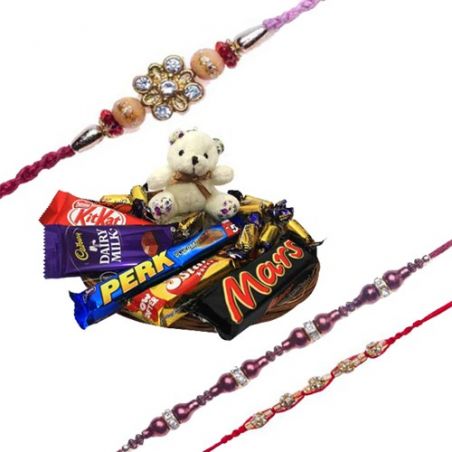 Kids Wooden Beads Diamond Rakhi  With Sweet Teddy N Chocolates