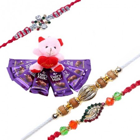 Set Of 3 Rakhi With Dairy Milk Chocolate Teddy