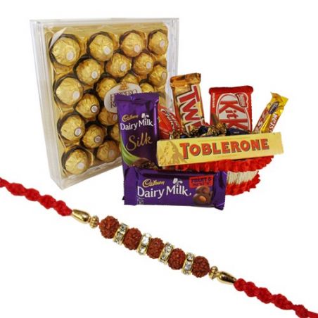 Chocolate hamper with rudraksha rakhi