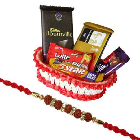 Chocolate hamper with rudraksha rakhi