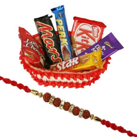 Chocolate hamper with rudraksha rakhi