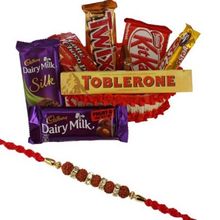 Chocolate hamper with rudraksha rakhi