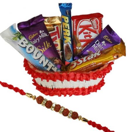 Chocolate hamper with rudraksha rakhi