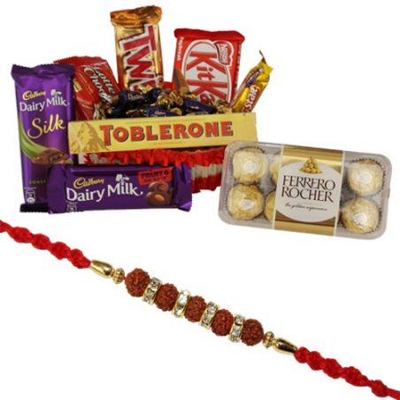 Chocolate hamper with rudraksha rakhi