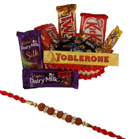 Chocolate hamper with rudraksha rakhi