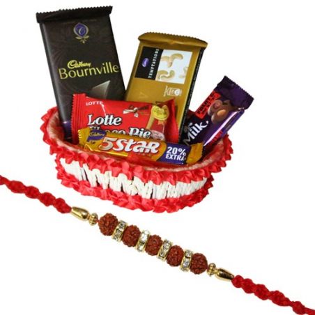 Chocolate hamper with rudraksha rakhi