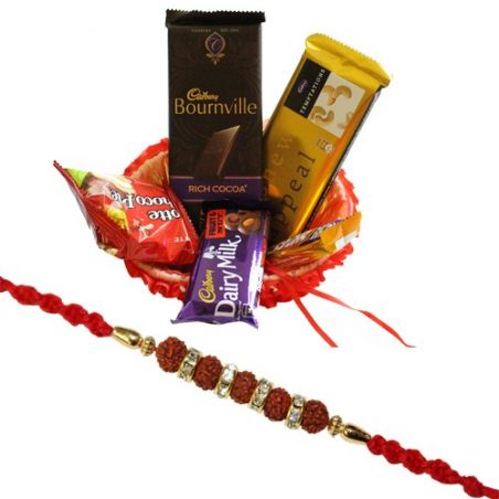 Chocolate hamper with rudraksha rakhi