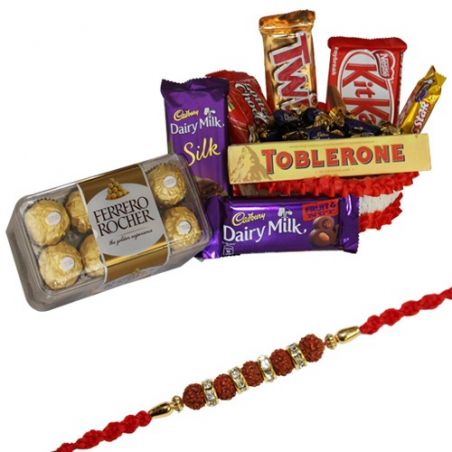 Chocolate hamper with rudraksha rakhi