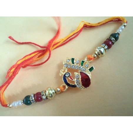 Peacock Red and Green Beaded Rakhi