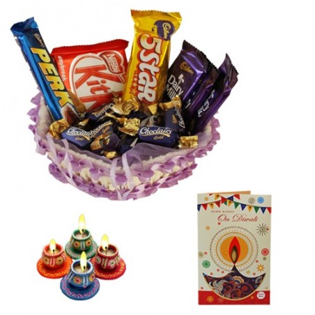 Diwali Chocolate With Diya And Greeting Card