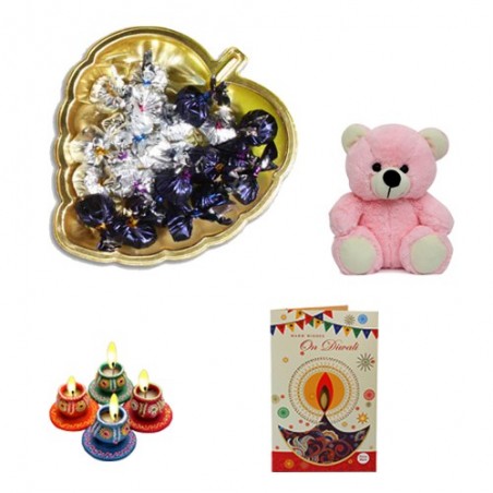 Diwali Golden Heart Tray With Teddy