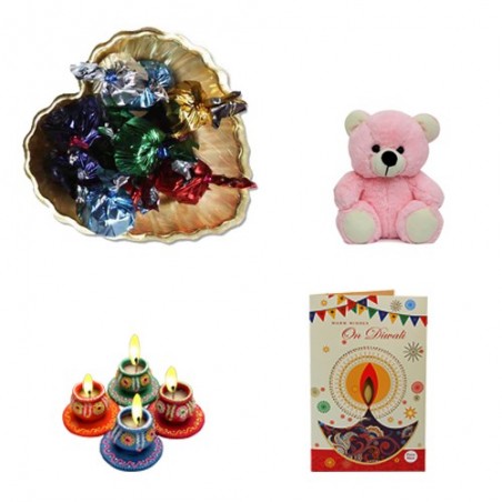 Diwali Golden Leaf Tray  With Teddy