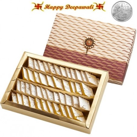 Ghasitaram Diwali Gifts  - Mix Kaju Katlis Mithai with Silver Plated Coin