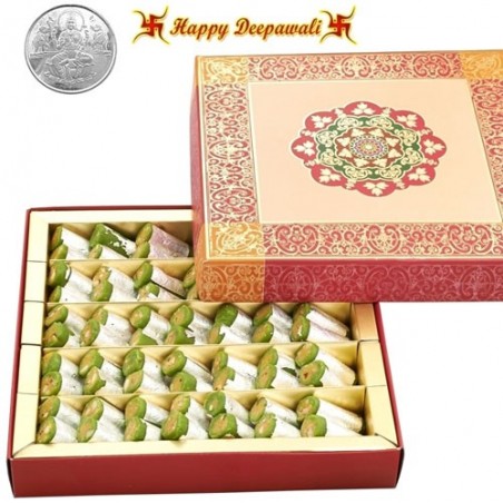 Pure Kaju Pista Roll Mithai with Silver Plated Coin