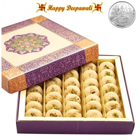 Ghasitaram Diwali Gifts Mawa Peda White Mithai with  Silver Plated Coin