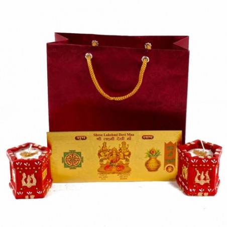 Tulsi Pot shaped Earthen Diyas with Gold Plated Lakshmi Note in a Gift Bag
