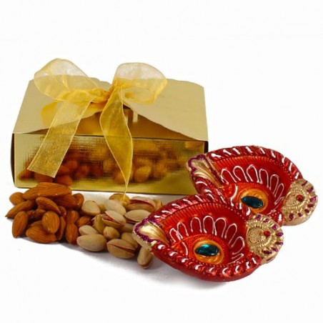 Diwali Hamper of Assorted Dryfruit Box with Earthen Diya