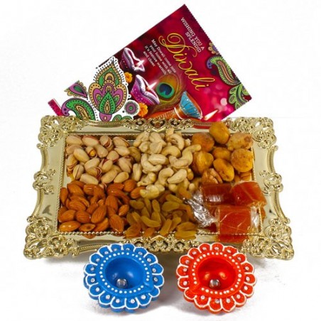 Diwali Card and Mix Dryfruit Tray with 2 Earthen Diyas