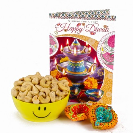 Two Diwali Clay Diya and Cashew Smiley Bowl with Diwali Greeting Card